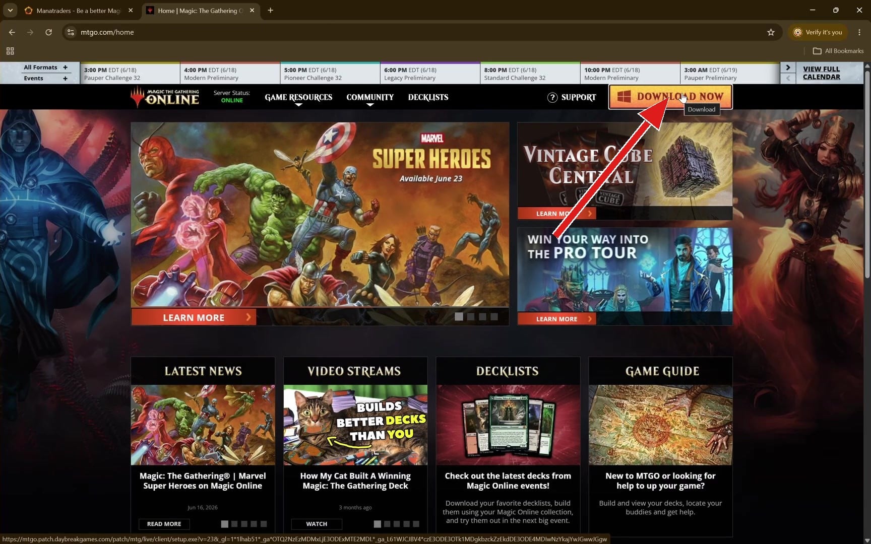 The Download button sits in the top right of mtgo.com.
