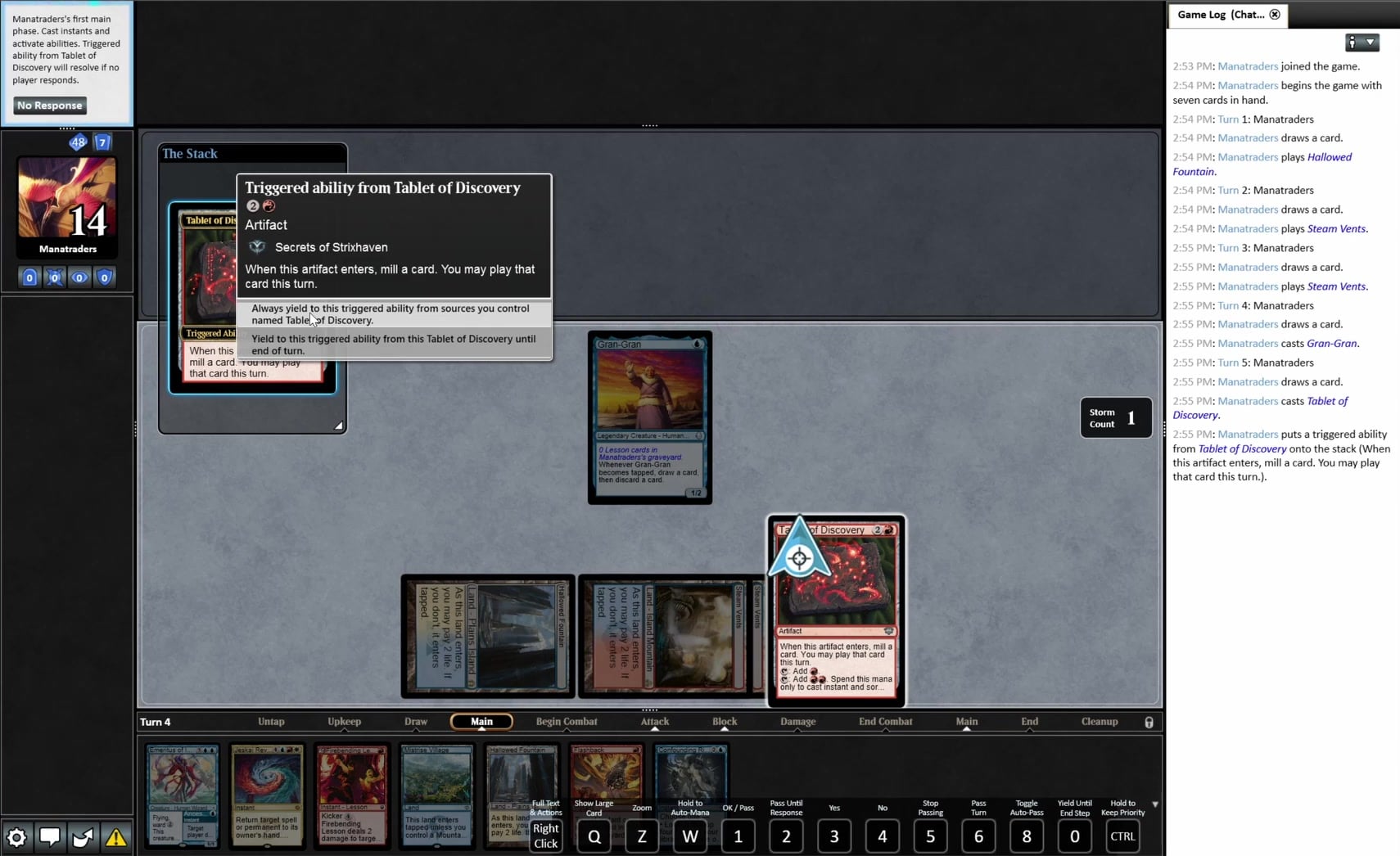 A game underway. The game log on the right is where you follow what happened.