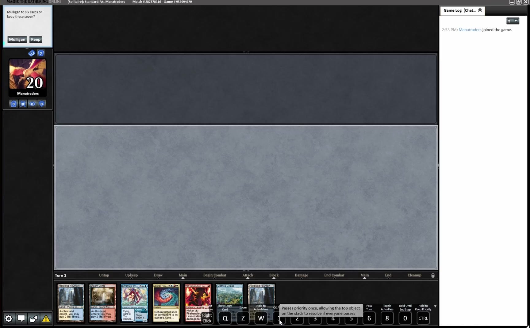 Turn one. Your opening hand is along the bottom, with Mulligan and Keep at the top left.