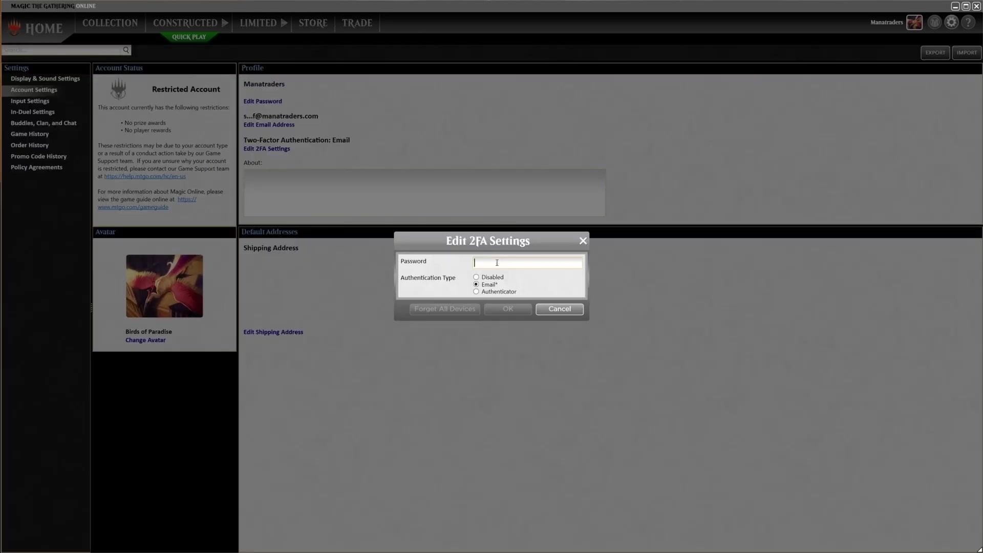 The Edit 2FA Settings dialog: enter your password, then pick Disabled, Email, or Authenticator.